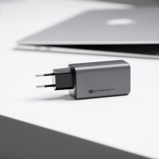 Forcell Ladegerät ohne Kabel mit USB-A Anschluss und 2 USB-C Anschlüsse 65W Stromlieferung / Schnellaufladung 4.0 Gray