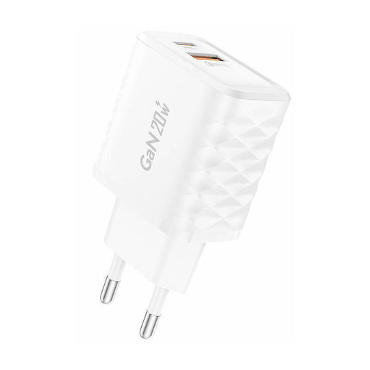 Foneng Charger GaN with USB-A Port and USB-C Port and Cable Lightning 20W Quick Charge 3.0 Whites (EU56)