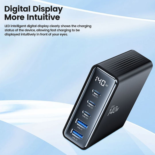 Tech-Protect Charging Stand with 2 USB-A Ports and 3 USB-C Ports and Cable micro USB 140W Quick Charge 3.0 / Power Delivery in Black color (DC140W-GAN)