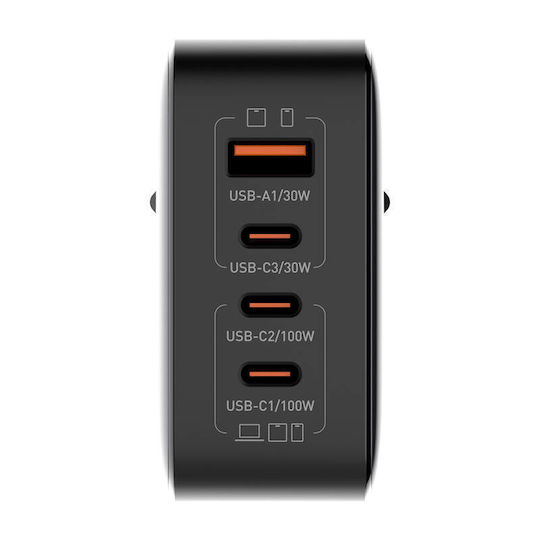 Ldnio Charger GaN with USB-A Port and 3 USB-C Ports and Cable USB-C - USB-C 100W Power Delivery / Quick Charge 3.0 Blacks (Q408 US)