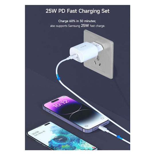 Devia Charger with USB-C Port and Cable USB-C - USB-C 25W Power Delivery Whites (EA455)