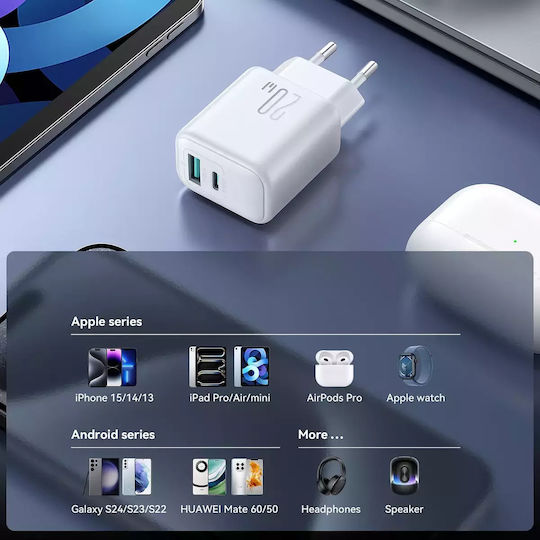 Joyroom Φορτιστής Χωρίς Καλώδιο με Θύρα USB-A και Θύρα USB-C 20W Power Delivery / Quick Charge 3.0 Λευκός (JR-TCF21)