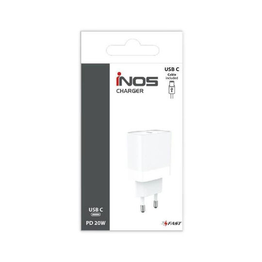 iNOS Ladegerät mit USB-C Anschluss und Kabel USB-C 20W Stromlieferung / Schnellaufladung 3.0 Weißς