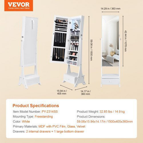 Vevor Огледало с Бяла Дървена Рамка 157x41см