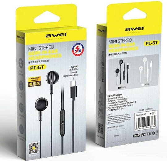 Awei PC-6T Earbuds Handsfree με Βύσμα USB-C Μαύρο
