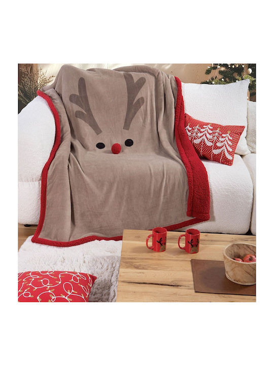 Nef-Nef Homeware Одеяло Руно Sherpa Диван 130x180см. Коледна Funny Reindeer Бежов