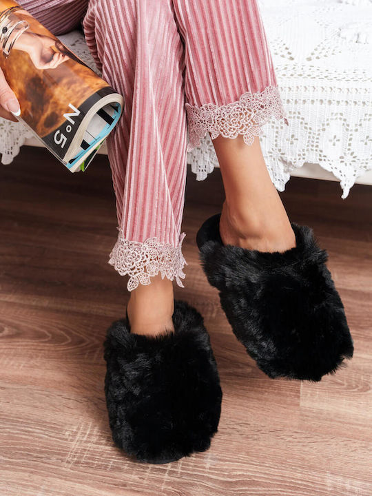 Black Fluffy Fur House Slippers