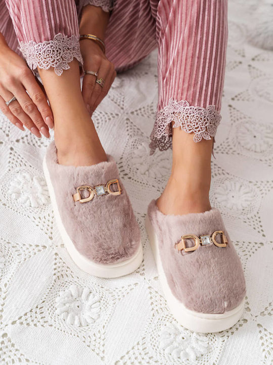 Beige House Slippers with Gold Detail