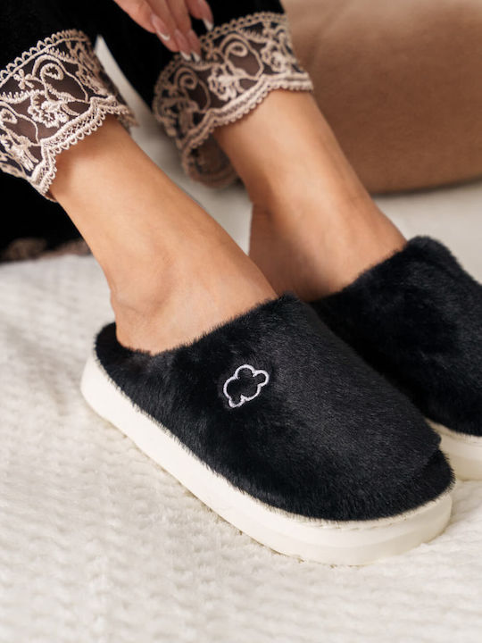 Black Soft Home Slippers Embroidered Cloud