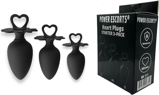 Power Escorts Heart Plug Anal Starter 3-pack S M & L Black Quality Silicone Color Box