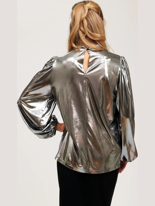 Damen Bluse Baumwolle Langärmelig Silver