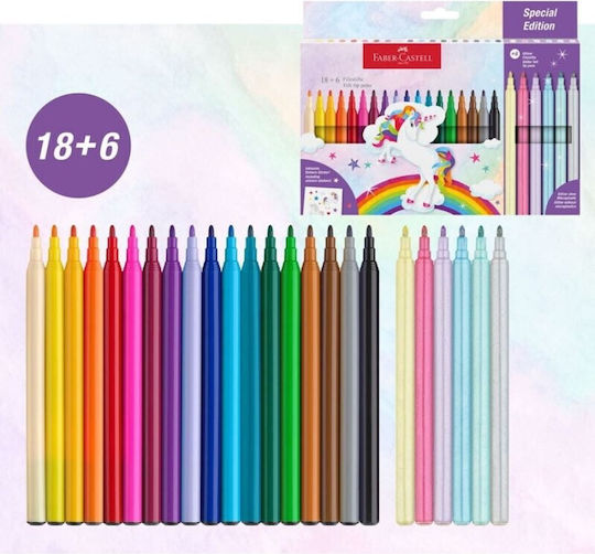 Faber-Castell Felt-tip Unicorn Μαρκαδόροι Ζωγραφικής Λεπτοί, με Glitter Σετ 24 χρώματα