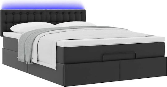 Double Bed Upholstered with Black Faux Leather with Storage Space Slats & Mattress 140x200cm