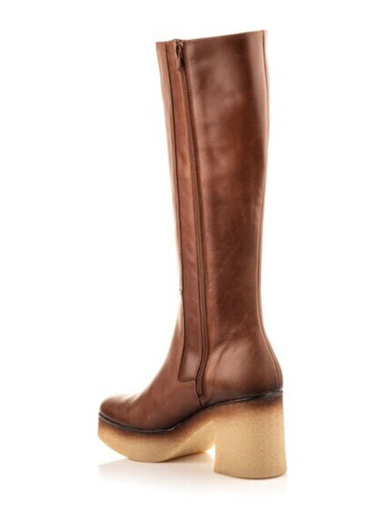 Leather High Heel Women's Boots with Rubber / Zipper Brown