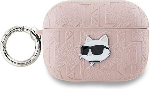 Karl Lagerfeld Choupette Head Θήκη Δερμάτινη με Γάντζο σε Ροζ χρώμα για Apple AirPods Pro