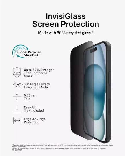 Belkin Screenforce Privacy Tempered Glass (iPhone 16 Plus/15 Plus/14 Pro Max)