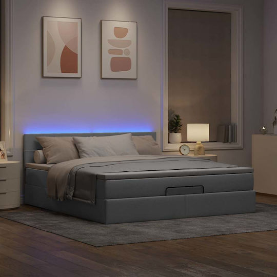 Upholstered Double Bed with Light Gray Fabric with Slats & Mattress 160x200cm