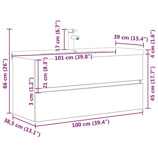 vidaXL Waschtisch mit Waschbecken L100xB45xH38.5cm Grey Concrete