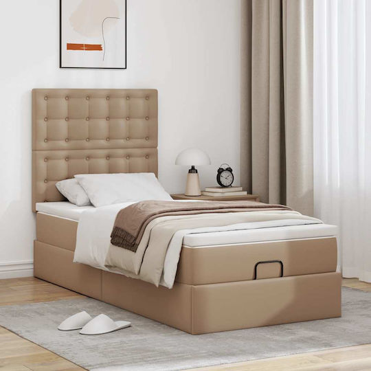 King Size Bed Upholstered with Faux Leather Cappuccino with Storage Space Slats & Mattress 190x190cm