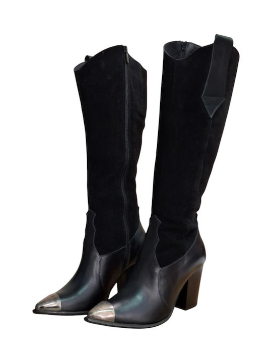 Leder Damenstiefel mit hohem Absatz Schwarz