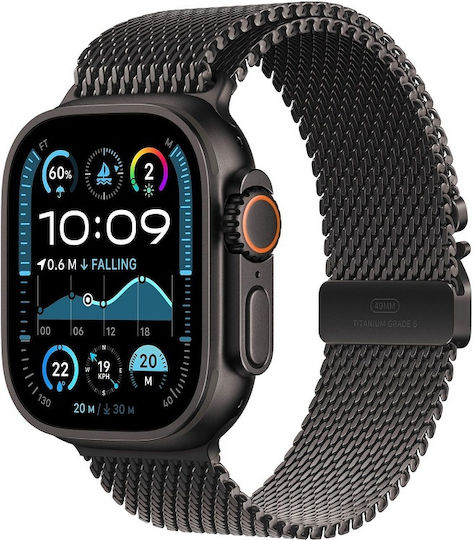 Apple Watch Ultra 2 Titanium 49mm Waterproof with eSIM and Heart Rate Monitor (Black with Black Titanium Milanese Loop - Medium)