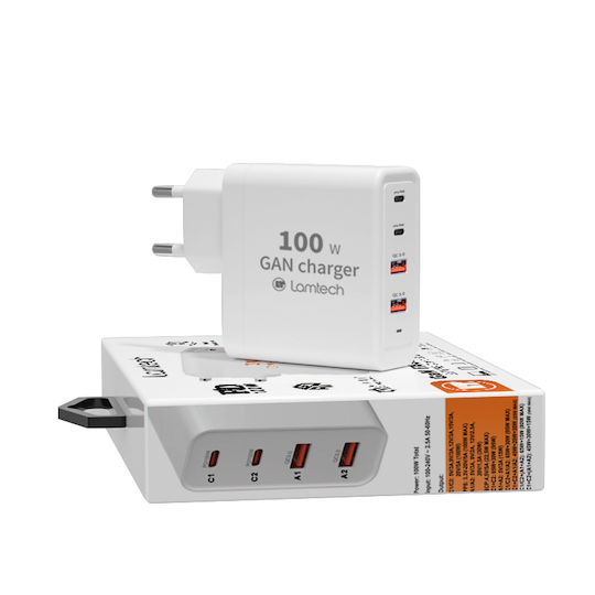 Lamtech Φορτιστής Χωρίς Καλώδιο GaN με 2 Θύρες USB-A και 2 Θύρες USB-C 100W Λευκός (LAM113416)