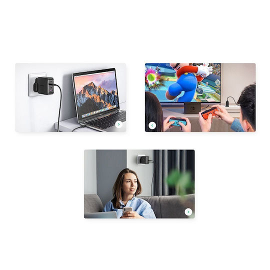 Ugreen Charger Without Cable GaN with USB-A Port and 3 USB-C Ports 65W Power Delivery / Quick Charge 2.0 / Quick Charge 3.0 / Quick Charge 4+ / Quick Charge 4.0 Blacks (CD224)
