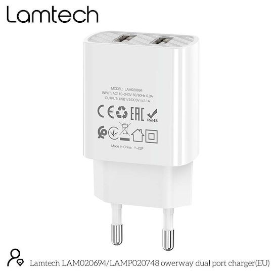 Lamtech Φορτιστής Χωρίς Καλώδιο με 2 Θύρες USB-A Λευκός (LAM020694)