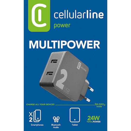 Cellular Line Φορτιστής Χωρίς Καλώδιο με 2 Θύρες USB-A 24W Μαύρος (ACHUSB224WK)