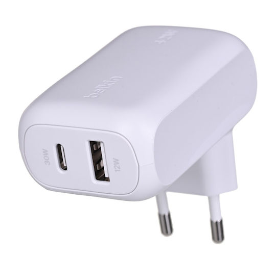 Belkin Φορτιστής Χωρίς Καλώδιο με Θύρα USB-A και Θύρα USB-C 42W Λευκός (BOOST Charge)