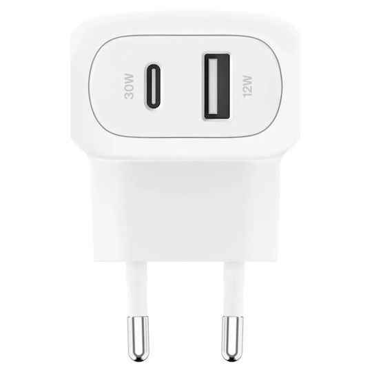 Belkin Φορτιστής Χωρίς Καλώδιο με Θύρα USB-A και Θύρα USB-C 42W Λευκός (BOOST Charge)