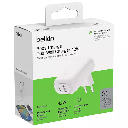 Belkin Φορτιστής Χωρίς Καλώδιο με Θύρα USB-A και Θύρα USB-C 42W Λευκός (BOOST Charge)