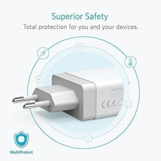 Anker Charger Without Cable with 2 USB-A Ports 24W Whites (PowerPort)