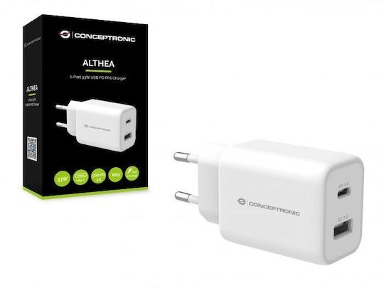 Conceptronic Charger Without Cable with USB-A Port and USB-C Port 33W Power Delivery Whites (ALTHEA11W)
