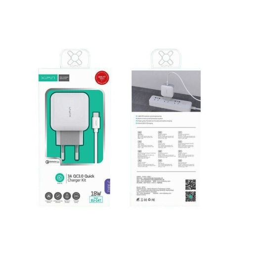 Xipin Φορτιστής με Θύρα USB-A και Καλώδιο USB-C 18W Quick Charge 3.0 Λευκός (EU-14T)