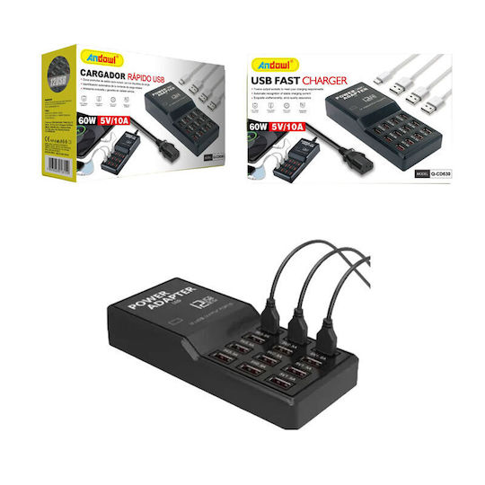 Andowl Ladestation mit 12 USB-A Anschlüsse 60W in Schwarz Farbe (Q-CD630)