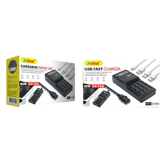 Andowl Ladestation mit 12 USB-A Anschlüsse 60W in Schwarz Farbe (Q-CD630)