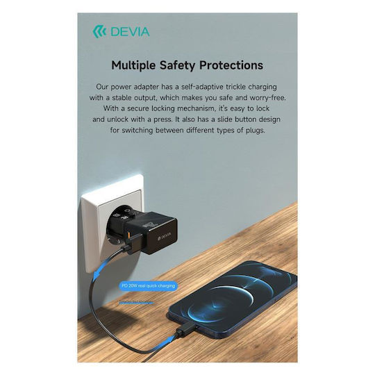 Devia Φορτιστής Χωρίς Καλώδιο με Θύρα USB-A και Θύρα USB-C 20W Power Delivery Μαύρος (N64888)
