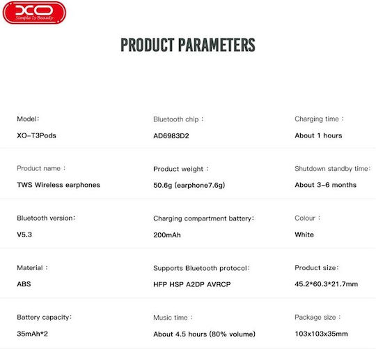 XO T3 In-Ear Bluetooth-Freisprecheinrichtung Kopfhörer mit Ladeetui Weiß