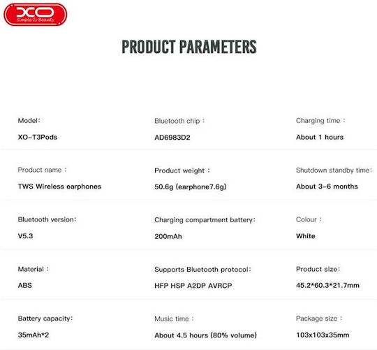 XO T3 In-Ear Bluetooth-Freisprecheinrichtung Kopfhörer mit Ladeetui Weiß