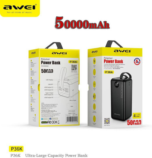 Awei P36K Power Bank 50000mAh 22.5W with 4 USB-A Ports and USB-C Port Power Delivery Black