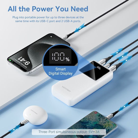 Vention Power Bank 20000mAh 22.5W με 2 Θύρες USB-A και Θύρα USB-C Power Delivery / Quick Charge Μαύρο