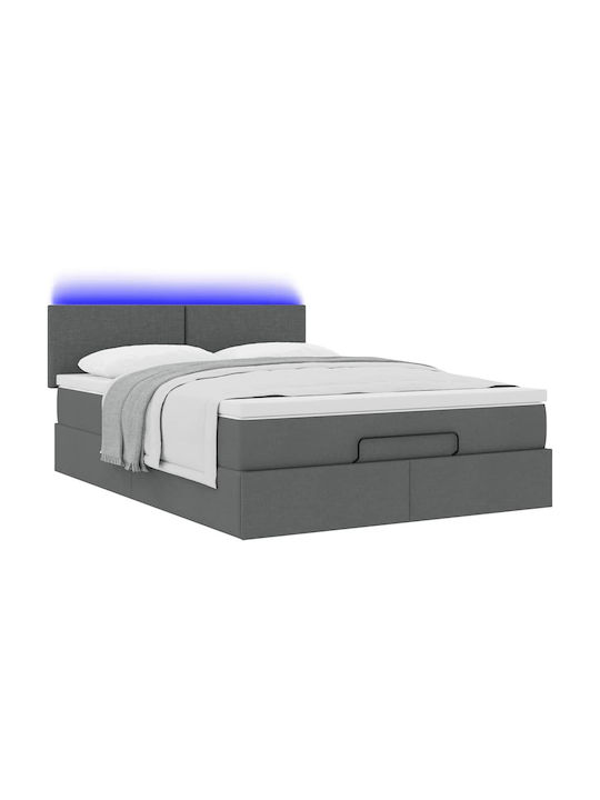 Double Bed Upholstered with Dark Gray Fabric with Slats & Mattress 140x190cm