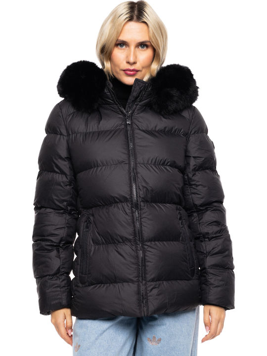 Women's Short Puffer Jacket for Winter with Detachable Hood Black