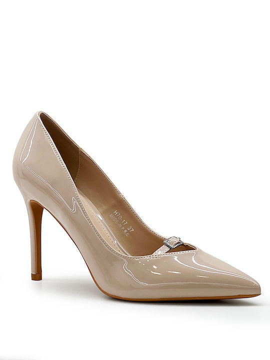 Famous Shoes Patent Leather Pointed Toe Beige Heels