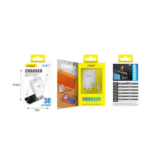 Andowl Φορτιστής με Θύρα USB-C και Καλώδιο USB-C - USB-C 30W Power Delivery Λευκός (Q-PD7)