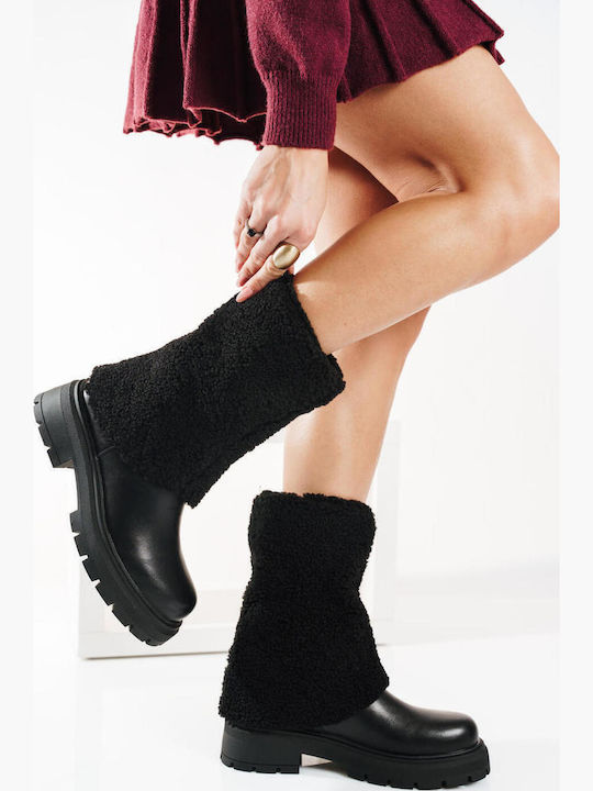 Black Fur Ankle Boots with Lug Sole