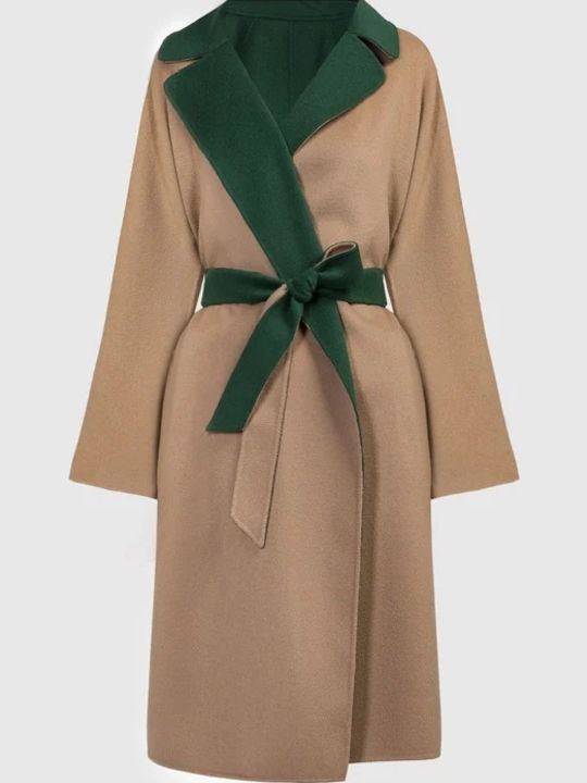 Wool Women's Dark Green / Beige Coat