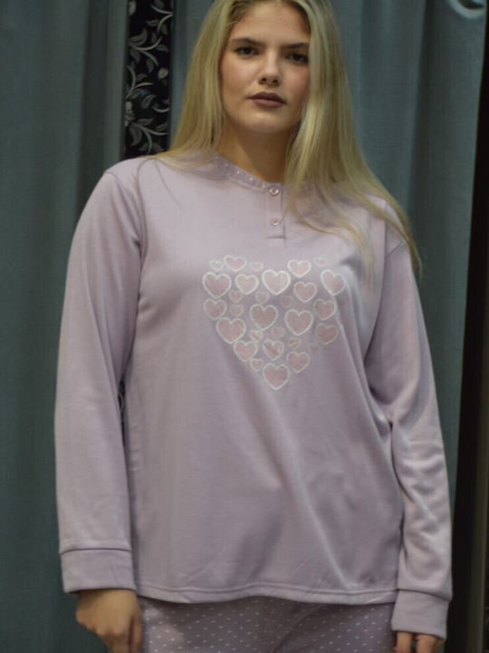 Caress Χειμερινό Γυναικείο Σετ Πιτζάμας Fleece Λιλά