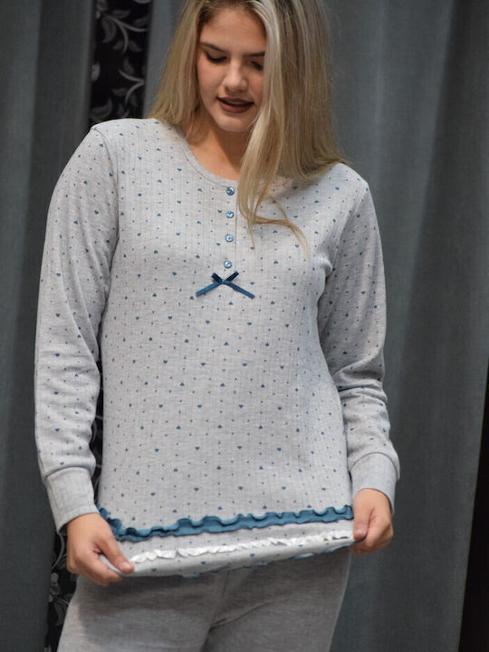Caress Χειμερινό Γυναικείο Σετ Πιτζάμας Fleece Μπλε